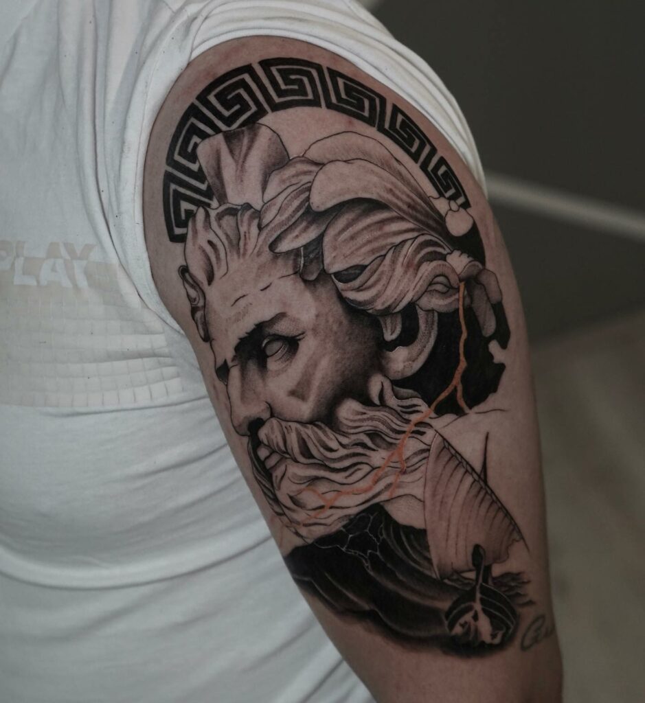Zeus and Parthenon realistic tattoo